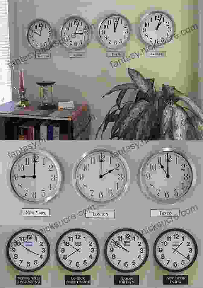 An Installation Of Clocks Set To Different Times. Float Kate Marchant